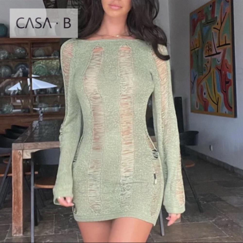 NEW 💫CASA B| Renata Shredded Bohemian Backless Cover up Mini Dress in Sage - Picture 6 of 6
